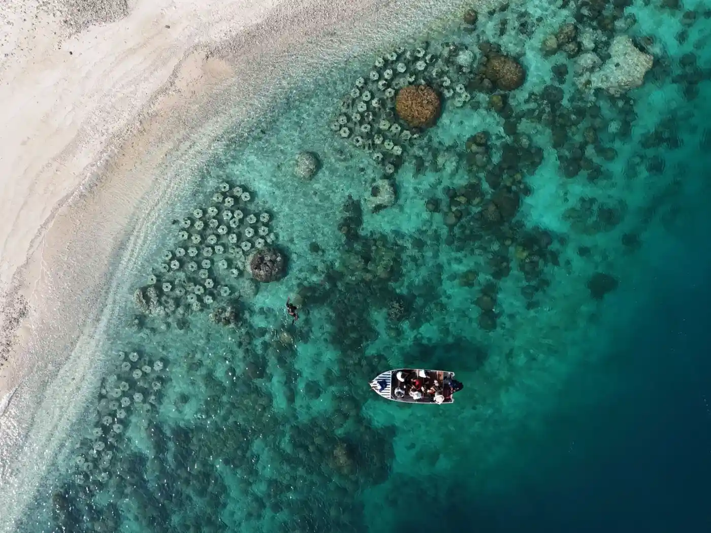 Klares Meer mit Tauchboot und Küstenlandschaft